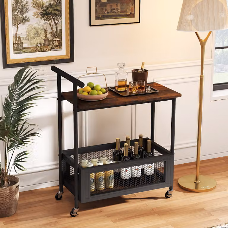 Tavolino con ruote e maniglia laterale Costway in stile industrial con 2 ripiani in legno e struttura in metallo nero o marrone per soggiorno e camera da letto