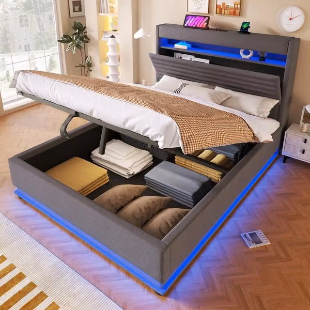 Letto Imbottito Contenitore con LED e USB ¨C MINIMAL ¨C Tessuto Grigio 140x200
