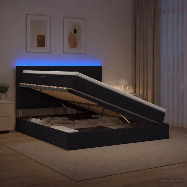 Letto con contenitore vidaXL in tessuto nero con illuminazione LED e porta USB, L/P/H: 160 x 200 x 128 cm