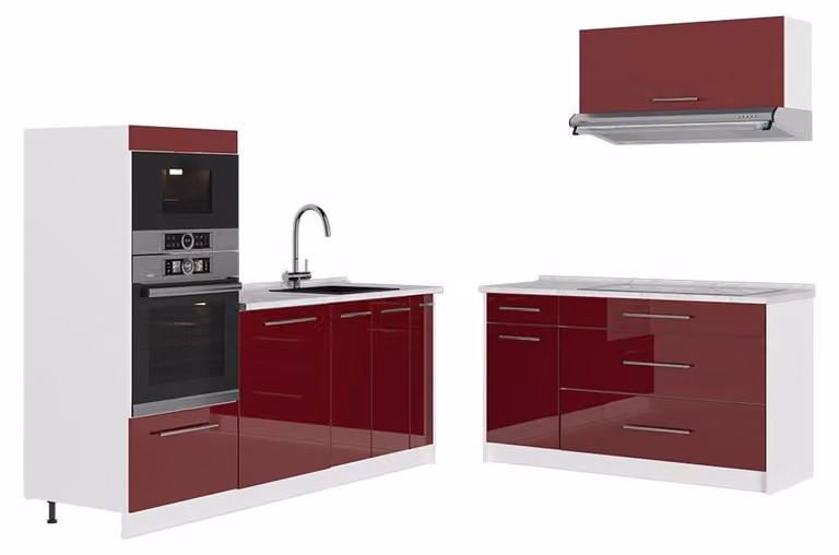 Cucina Vicco Fame-Line Bordeaux lucido/Bianco 340 cm, PL Marmo, Model 63939