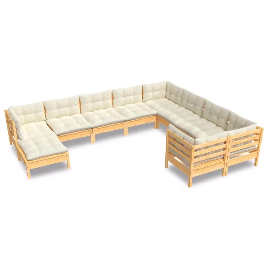 Set Divani da Giardino 10 pz con Cuscini Crema Massello di Pino