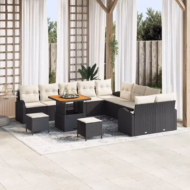 Set Divano da Giardino Moderno vidaXL in Polyrattan e Legno di Acacia, 13 Pezzi, Nero Opaco