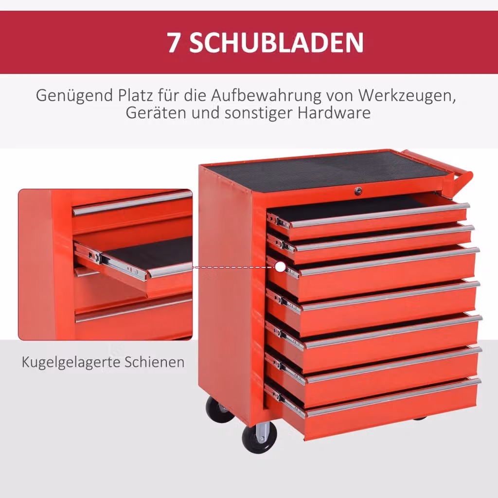 Carrello portautensili REDOM in acciaio con 7 cassetti, rosso, L: 69 cm, P: 33 cm, H: 75 cm – 2