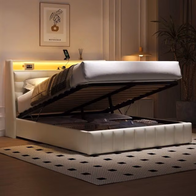Letto Contenitore Imbottito con LED e USB ¨C MINIMAL ¨C Bianco 160x200