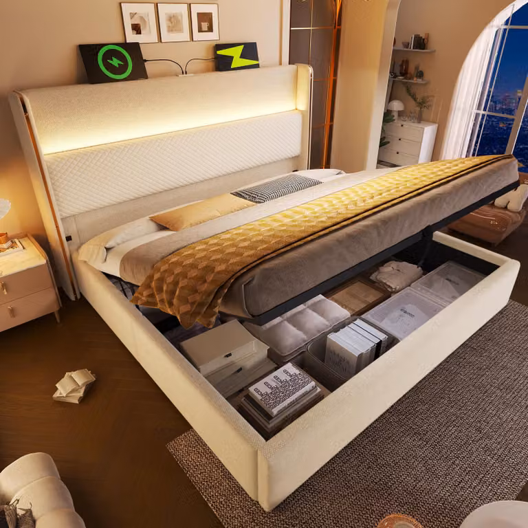 Letto imbottito STILVORA 180x200 cm con materasso, letto moderno idraulico con testiera alta, effetto lino, illuminazione a LED, porte USB/Type-C, beige
