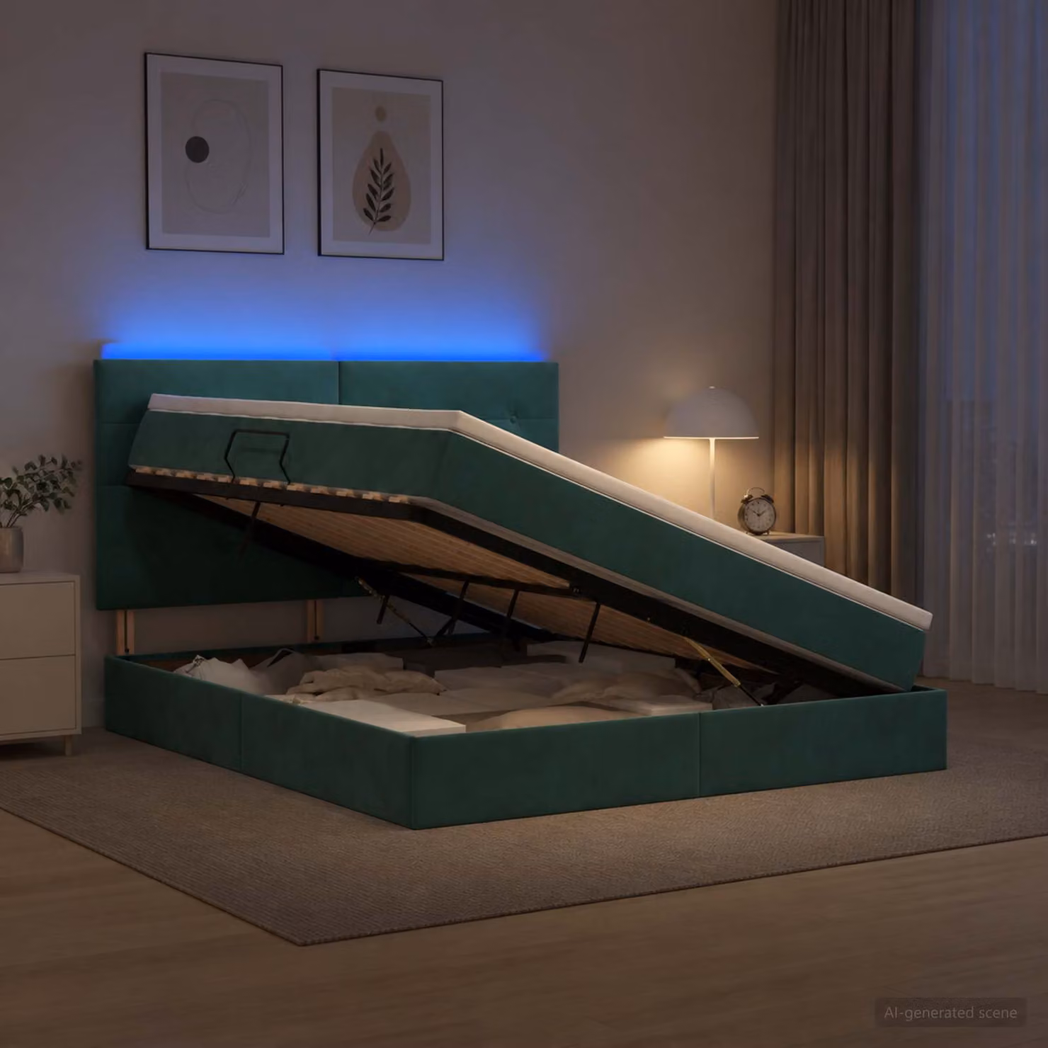 Letto con contenitore e materasso vidaXL in velluto verde scuro con illuminazione LED e porta USB L/P/H: 180 x 200 x 140 cm