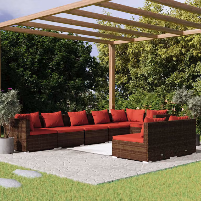 Set di divani da giardino vidaXL 8 pz a forma di U in rattan marrone con cuscini inclusi e struttura in acciaio
