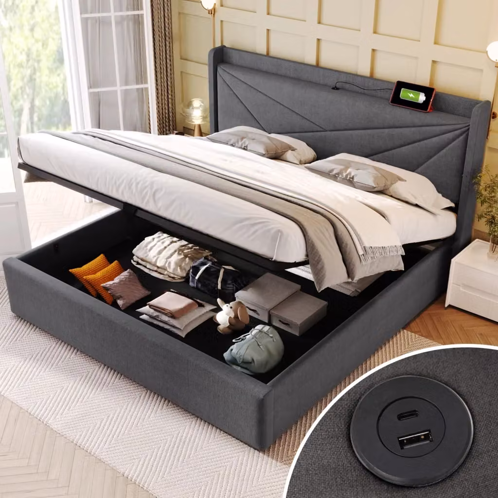 Letto matrimoniale WISHDOR imbottito con contenitore e materasso incluso, porta di ricarica USB, grigio, L/P/H: 140 x 200 x 107 cm – 2
