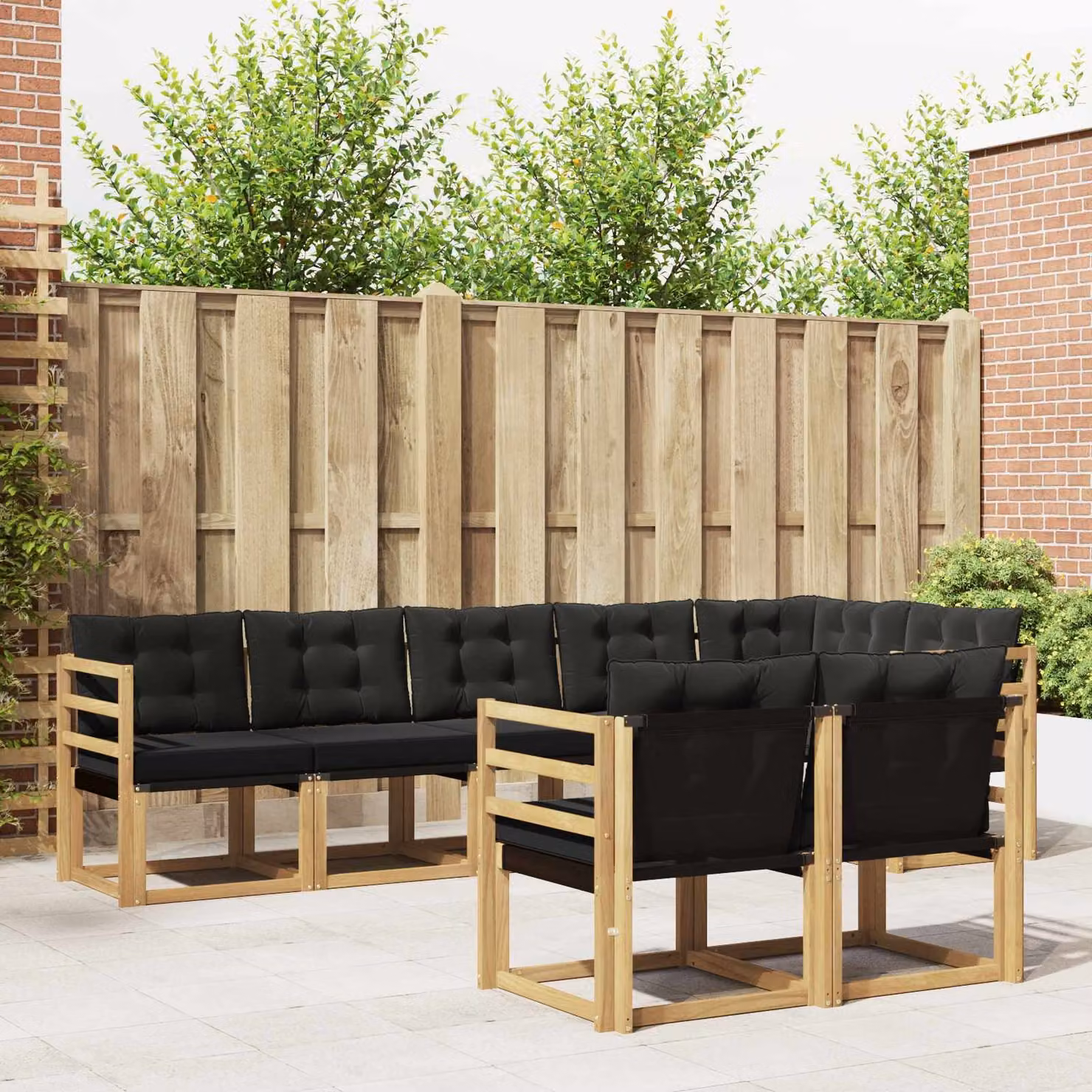Set di divani da esterno vidaXL a forma di L in legno di acacia con cuscini, Bianco, Nero e Marrone