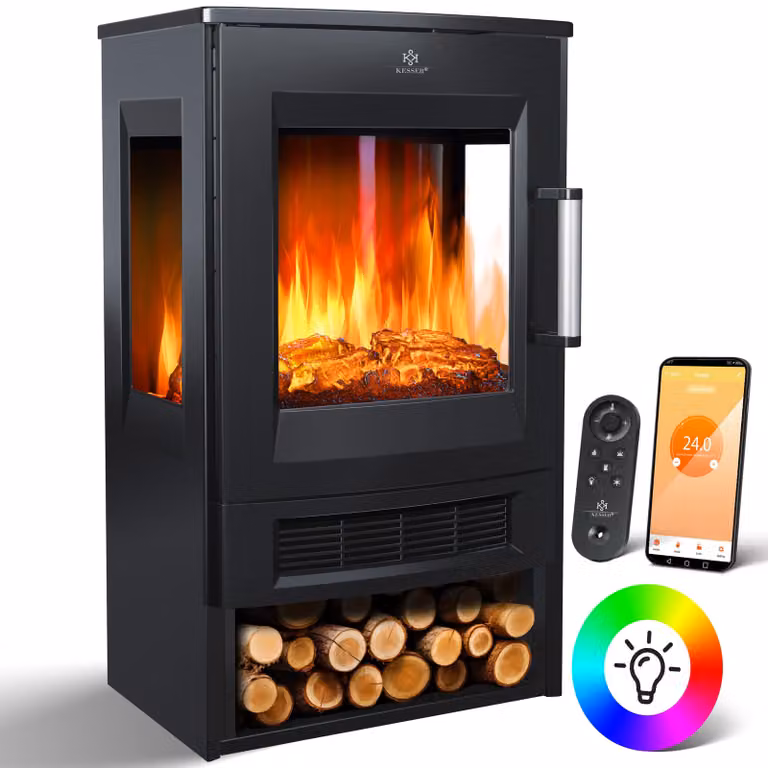 KESSER® Caminetto elettrico con ampia finestra panoramica, 900/1800W, 9 modalità di fiamma a LED, controllo tramite app WiFi e termostato