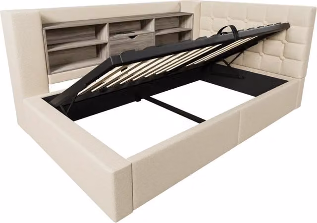Letto singolo imbottito 90x200 cm con illuminazione LED, cassetti idraulici e testata a L reversibile in lino beige con materasso inclusa