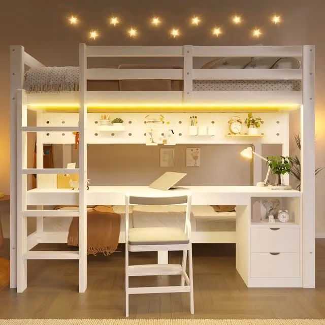 Letto a Soppalco con Cassetti, Scrivania e LED ¨C MINIMAL ¨C Pino, 90x200 / 140x200