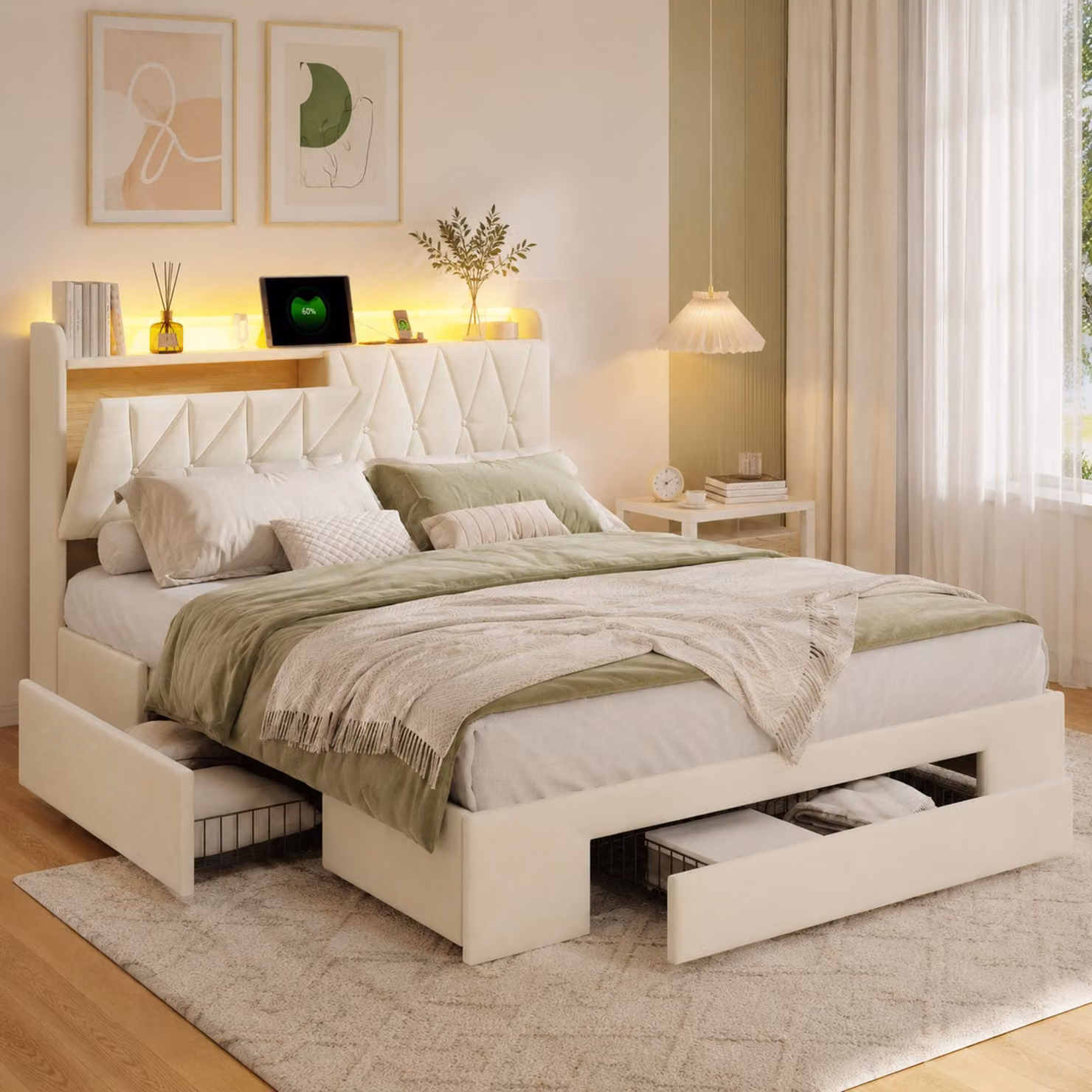 Letto a castello per ragazzi INONEFT, dimensioni 140x190 cm, letto imbottito con LED e porta USB Type-C, letto contenitore con 3 cassetti, rete a doghe e prese elettriche, tessuto velluto color beige