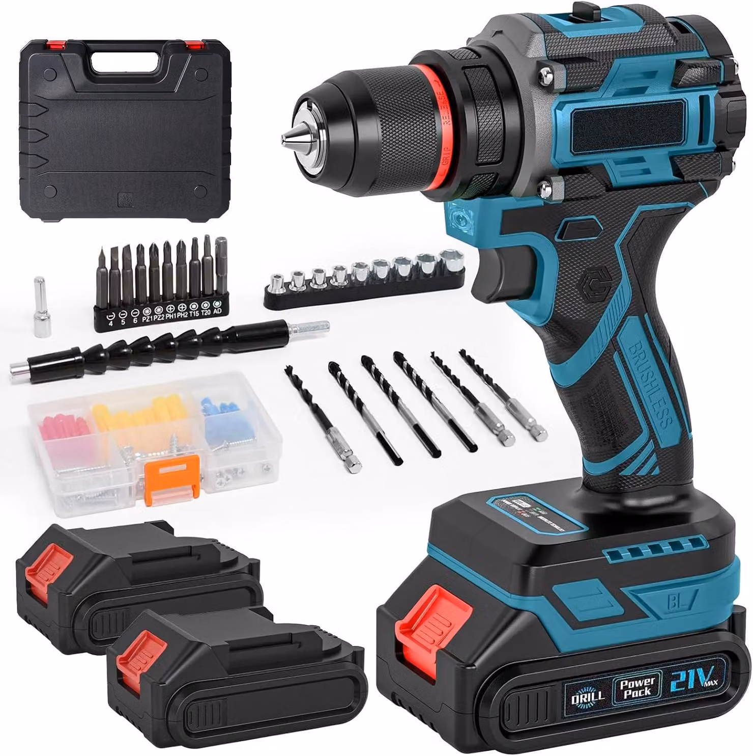 Avvitatore a percussione e trapano a batteria - 21 V - Motore brushless - Mandrino in metallo da 0,95 cm - 25+1 livelli di coppia - 2 batterie