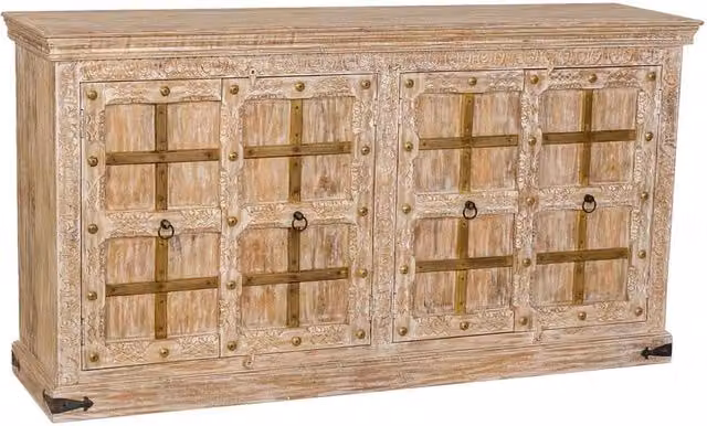 Credenza Wanderlust Deco in legno di mango bianco con dettagli floreali L: 180 cm, P: 46 cm, H: 96 cm