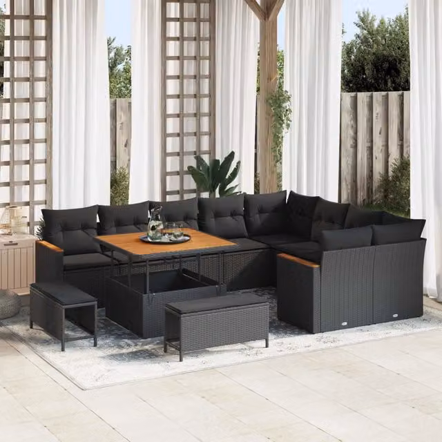 Set Divano da Giardino a L vidaXL per 9 Persone con Tavolino e Ottoman, Nero – 1