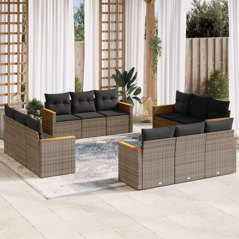 vidaXL Set Divani da Giardino 12 pz a forma di U in Polyrattan Grigio con Cuscini e Struttura in Acciaio