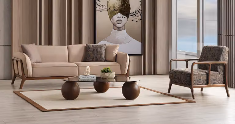 Braune Wohnzimmer Couchgarnitur Stilvoller 3-Sitzer Textilsessel