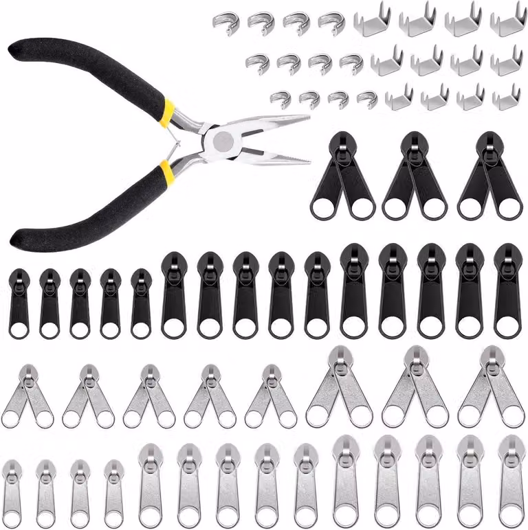Kit di riparazione per cerniere da 85 pezzi, con cursori metallici di diverse dimensioni (#3, #5, #8), fermacapienti a forma di U e fermacerniera con pinze a punta fine. Ideale per