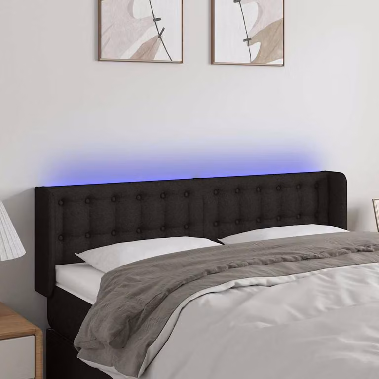Testiera per letto vidaXL in tessuto nero con illuminazione LED e porta di ricarica USB, L 147 x P 16 x H 78/88 cm