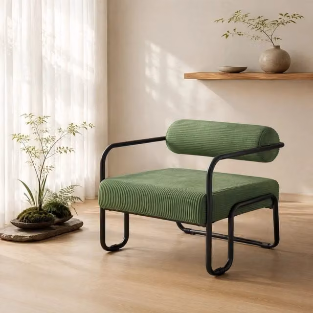 Poltrona lounge WISHDOR in velluto a coste verde con struttura in metallo nero, design industriale con braccioli per salotto, camera o ufficio, L: 73.0 cm, P: 70.5 cm, H: 68.5 cm