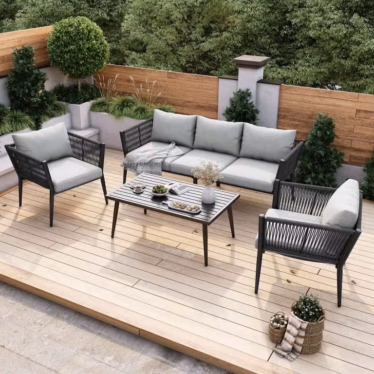 Set di mobili da giardino AIORBER, con divano a 3 posti, 2 poltrone e tavolo, gruppo da esterno in acciaio zincato, per giardini, terrazze, 173,5x67x63cm, grigio
