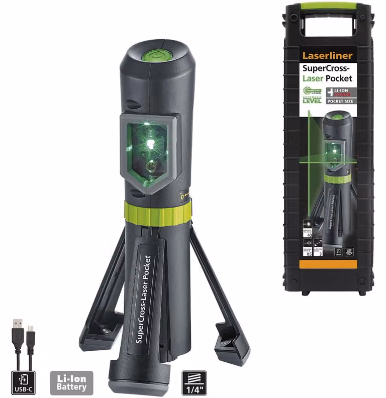 Laserliner SuperCross-Laser Pocket – Grüner Kreuzlinienlaser mit Stativ