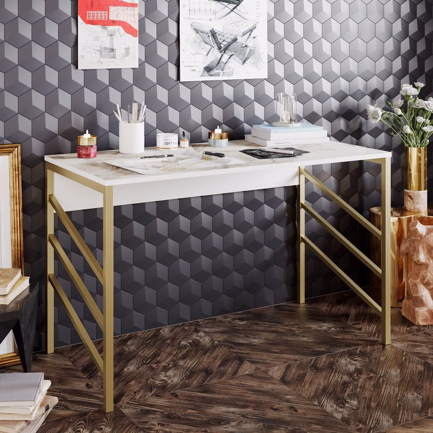 Skye Decor, Tuna - Gold, scrivania, oro, pannello di plastica rivestito al 100 % di melamina, 120 x 60 x 75 cm