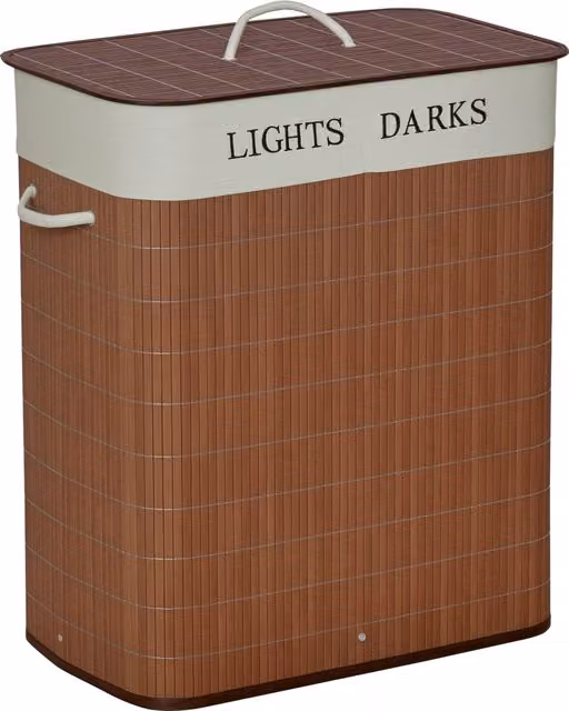 Cesto per biancheria HOMCOM in bambù marrone da 100L con 2 scomparti, coperchio e maniglie, L: 52 cm, P: 32 cm, H: 63 cm – 1