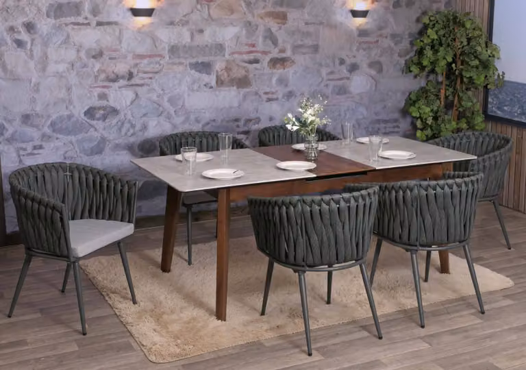 set di 6 sedie da pranzo in alluminio HWC-N38, braccioli per sedie da interno, intreccio in corda Olefin Rope ~ cuscino antracite grigio chiaro