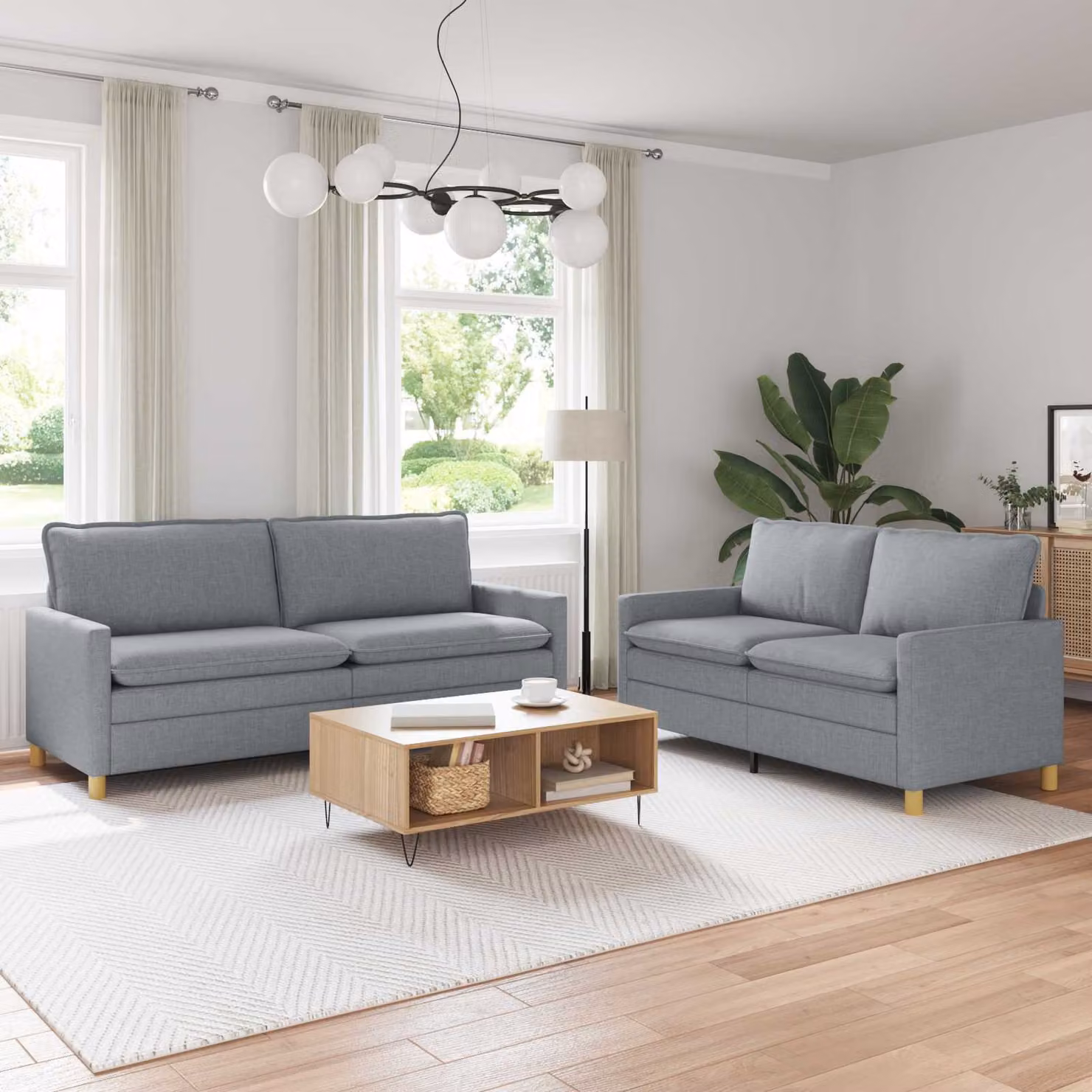 Set di 2 divani moderni vidaXL in tessuto grigio con struttura in metallo e coperture rimovibili