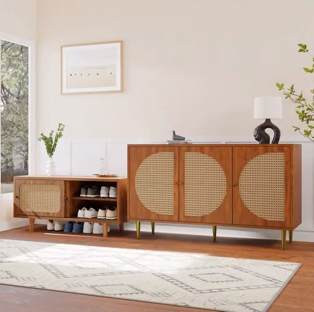 Set mobile da soggiorno in rattan con cassettiera e mobile scarpe; colore noce