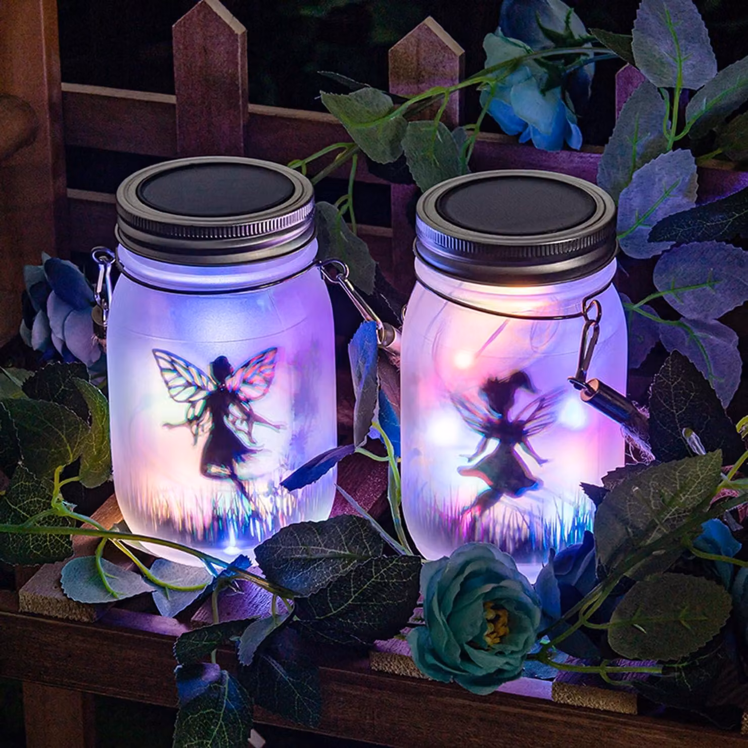 Set di 2 lanterne solari in barattolo di vetro, con luci LED multicolore, da appendere