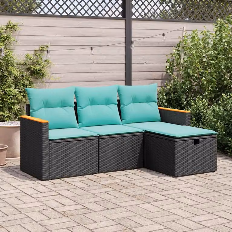 Set Divano da Giardino a L vidaXL 4 Pezzi con Cuscini in Polyrattan e Struttura in Metallo Nero