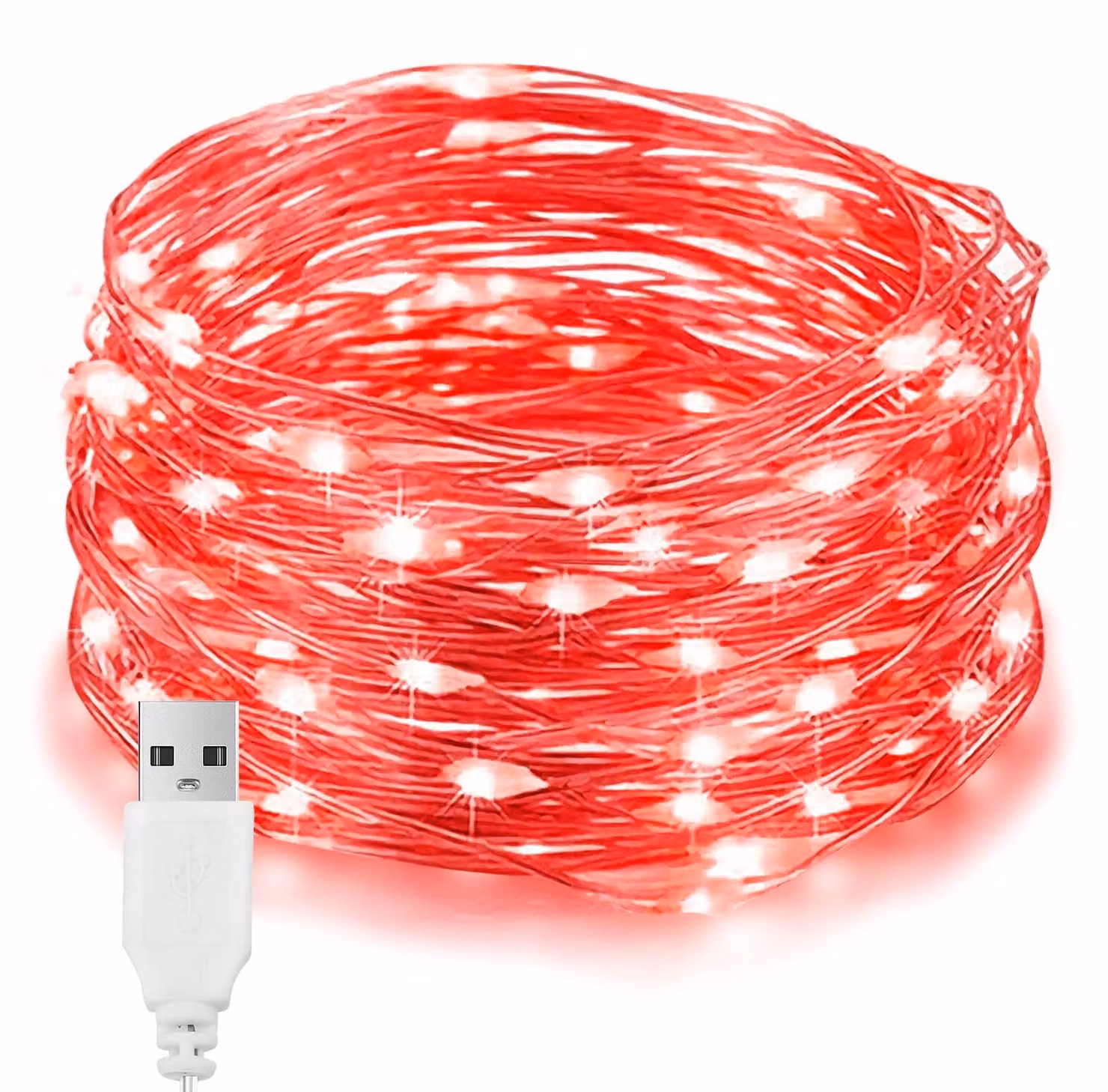 Catena luminosa a LED, colore rosso, lunghezza 10 metri, 100 LED, alimentazione USB, grado di protezione IP65 (resistente all'acqua)