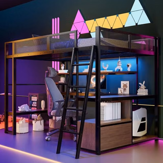 Desviae Letto a soppalco 140 × 200 cm con scrivania, LED e stazione di ricarica in metallo e MDF nero con ripiani e armadio