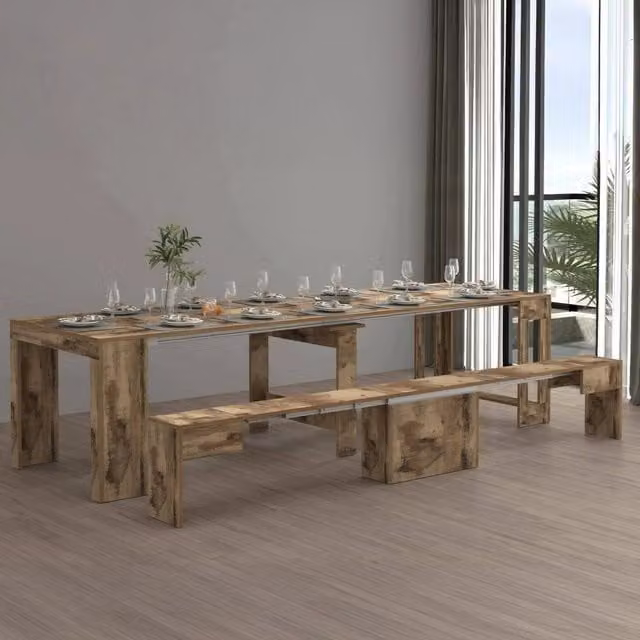 Set tavolo e sedie Badesi in legno color acero con consolle e panca allungabile per cucina e soggiorno, L: 300 cm, P: 77 cm, H: 66 cm
