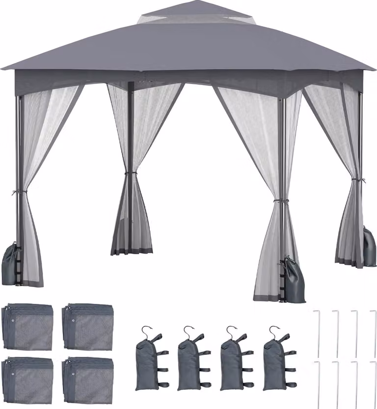 Gazebo COSTWAY 3x3m con zanzariera, 4 sacchi di sabbia e doppio tetto, impermeabile, stabile, resistente all'inverno, gazebo per feste, gazebo da giardino grigio