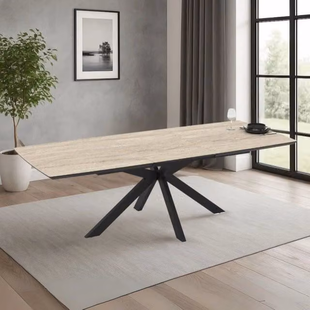 Tavolo da pranzo allungabile Effezeta moderno con piano in pietra beige e gambe in metallo nero L/P/H: 180 x 100 x 76 cm