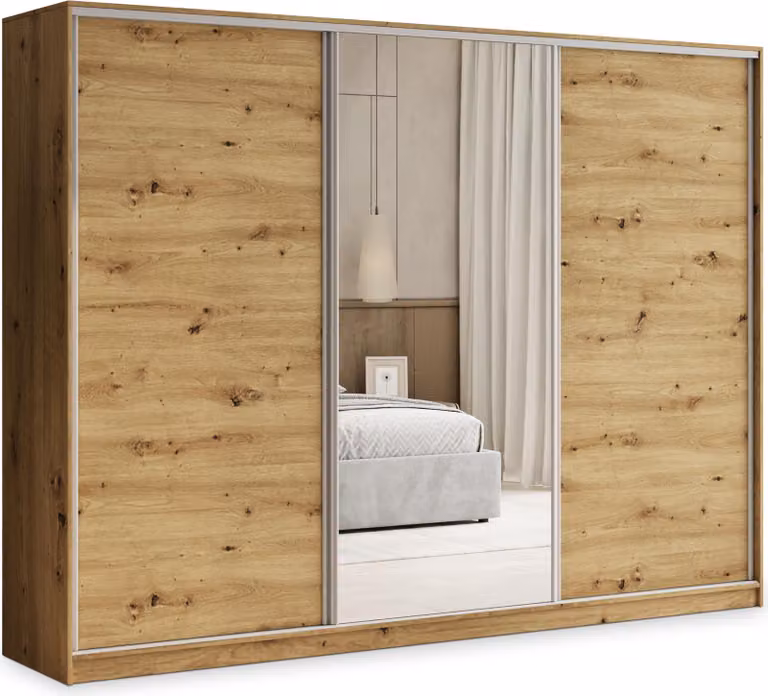 Armadio scorrevole Masseno TARI 235/205/58 cm Armadio con 4 cassetti Armadio per camera da letto a 3 ante con specchio Rovere Artisan