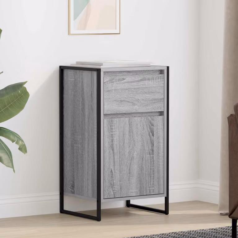 Credenza vidaXL in stile industrial, colore grigio, realizzata in legno MDF e metallo, L 43 cm x P 36 cm x H 75,5 cm