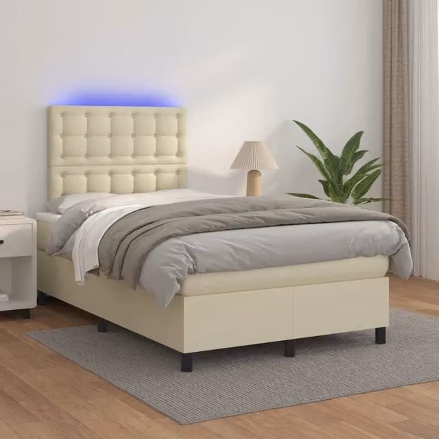 Letto con Giroletto a Molle, Materasso Ibrido e Illuminazione LED vidaXL, Similpelle Beige, L/P: 120 x 200 cm