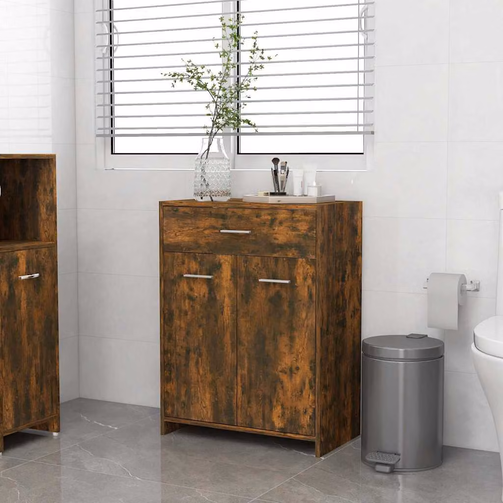 Armadietto da bagno sospeso vidaXL in legno MDF color rovere fumo con ante e cassetti L/P/H: 60 x 33 x 80 cm