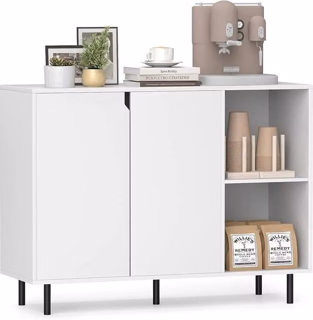 Buffet cucina Design Mania con 2 ante e 2 scomparti aperti, credenza moderna con gambe in metallo e ripiani regolabili, Bianco, L: 106 cm, P: 38 cm, H: 80 cm