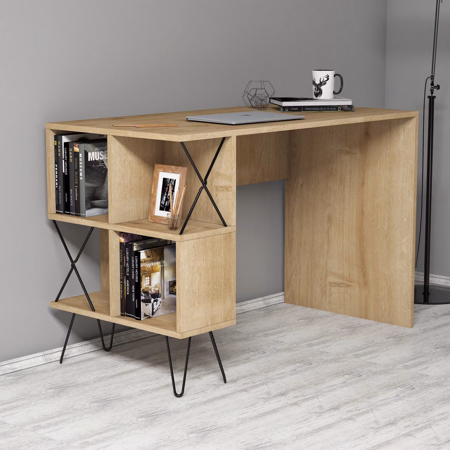Skye Decor, Scrivania di alta qualità, 120 x 60 x 78,8 cm, Rovere e nero | Pannello di particelle melaminato al 100%, spessore 18 mm | Dotata di numerosi ripiani, possibilità di montaggio a parete, design industriale moderno.