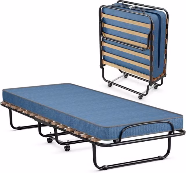 Letto pieghevole con materasso in memory foam e 4 ruote girevoli, Blu scuro, L/P/H: 190 x 80 x 33 cm – 1