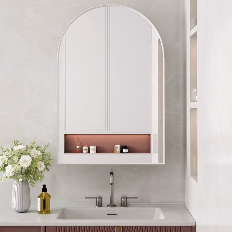 Specchio da parete moderno a forma di arco, mobiletto contenitore con ripiano, metallo bianco, 91x61x12 cm