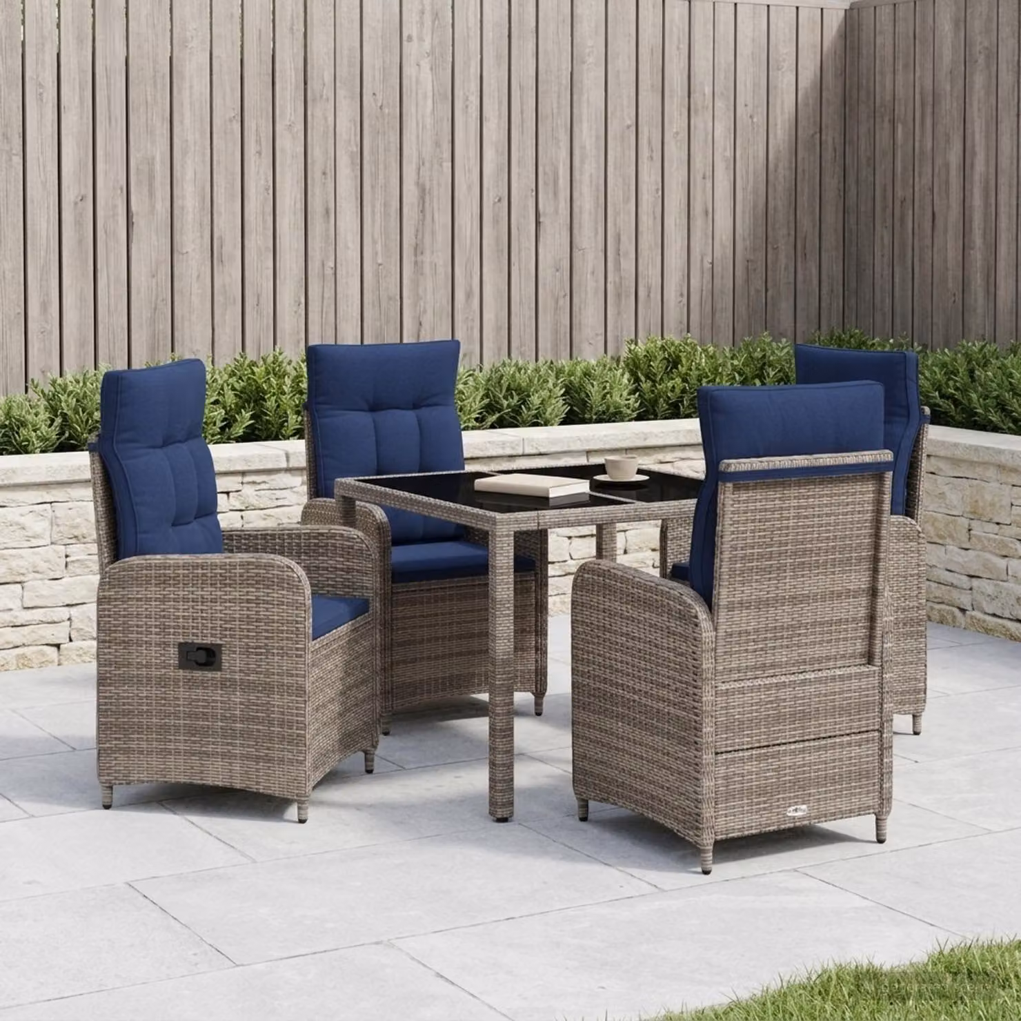 Set da pranzo per esterni vidaXL in polyrattan moderno da 5 pezzi con tavolo in vetro, disponibile in grigio o blu