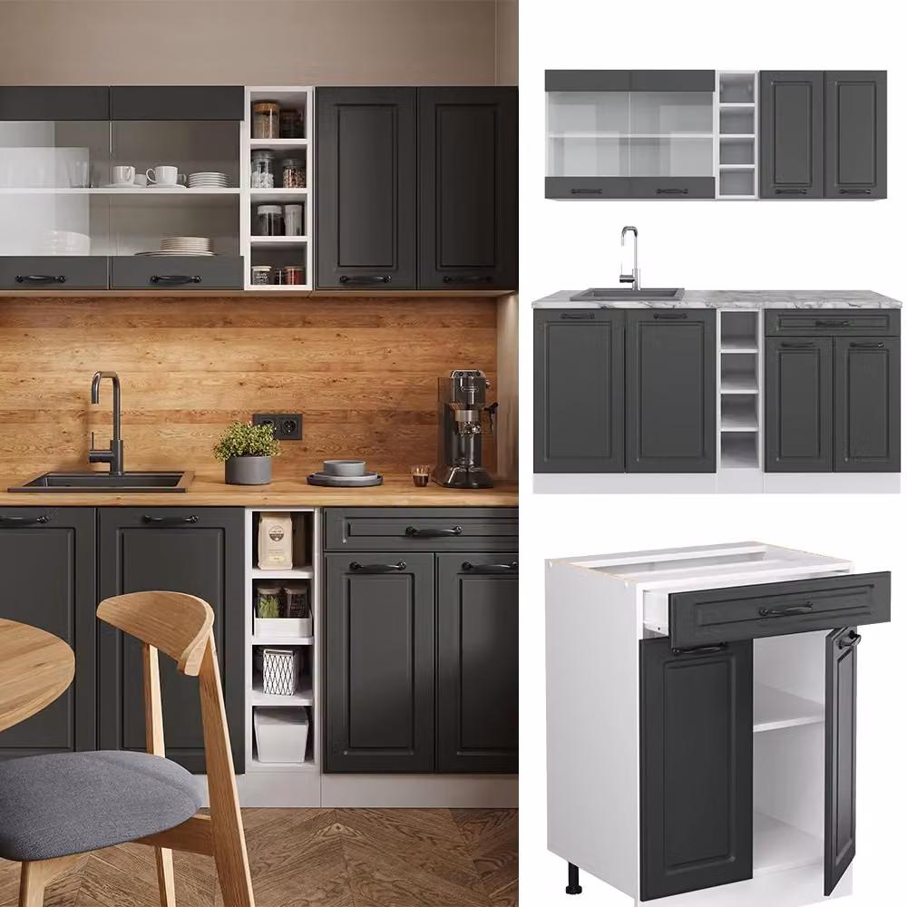 Cucina completa Vicco R-Line in stile rustico, colore Antracite e Bianco, L: 160 cm – 2