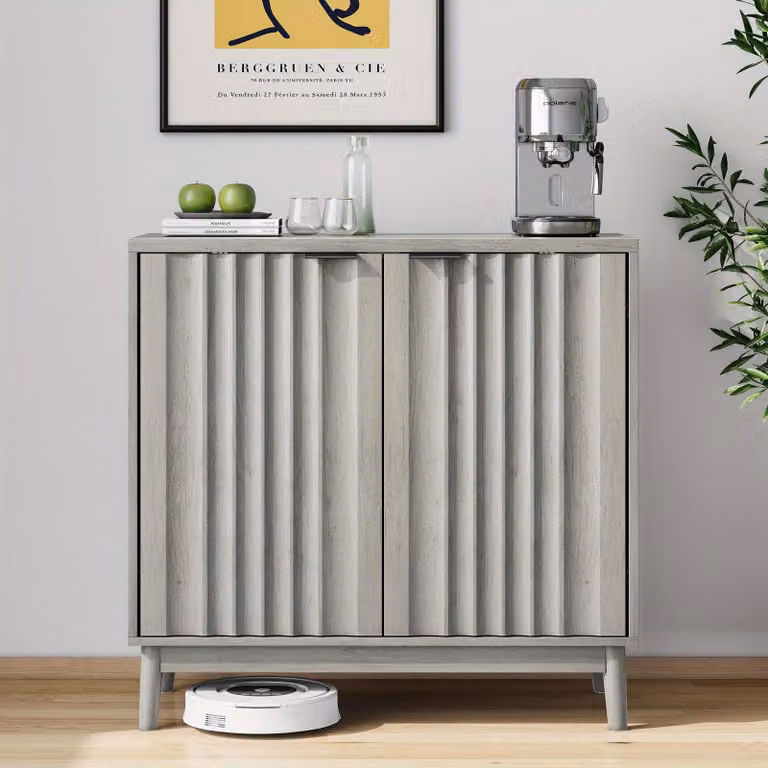 Buffet - Credenza - Mobile contenitore - Armadio - Mobile in legno - Grigio con dettagli in legno - Ripiani regolabili